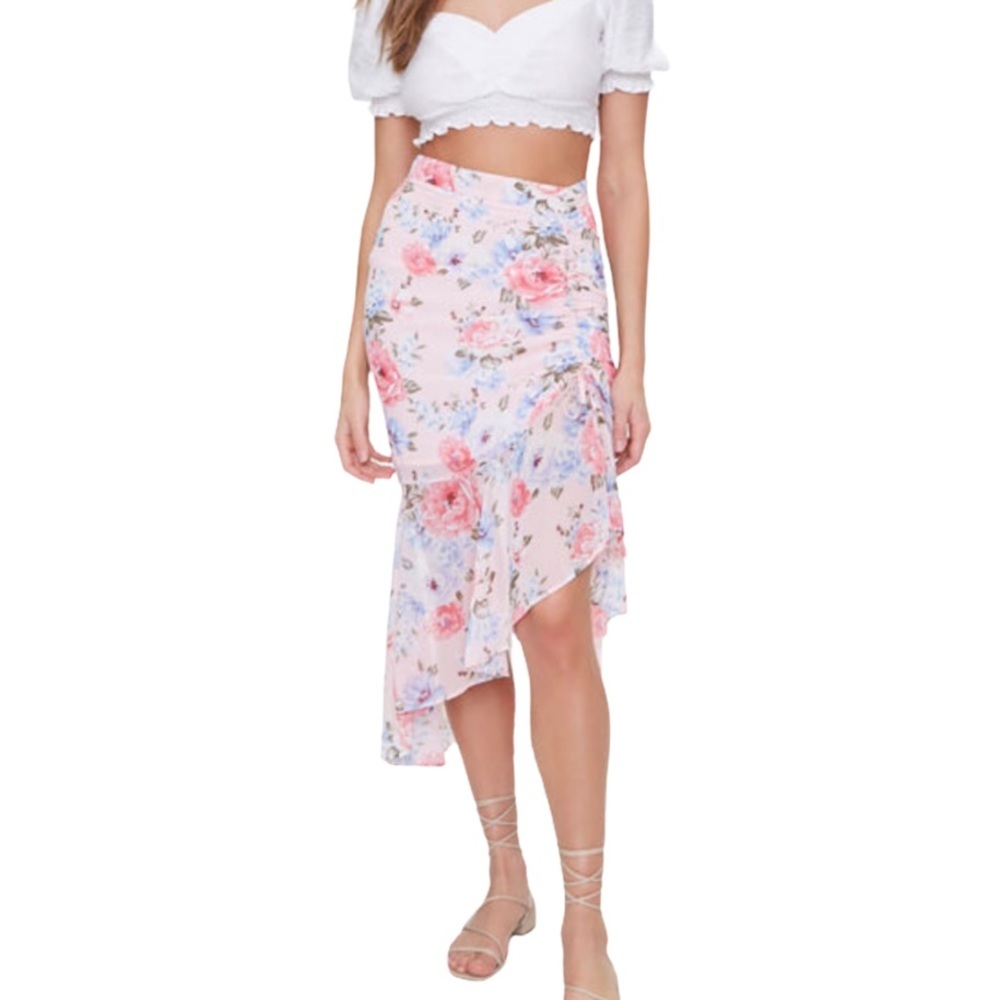 Floral Chiffon Ruffle High-Low Skirt